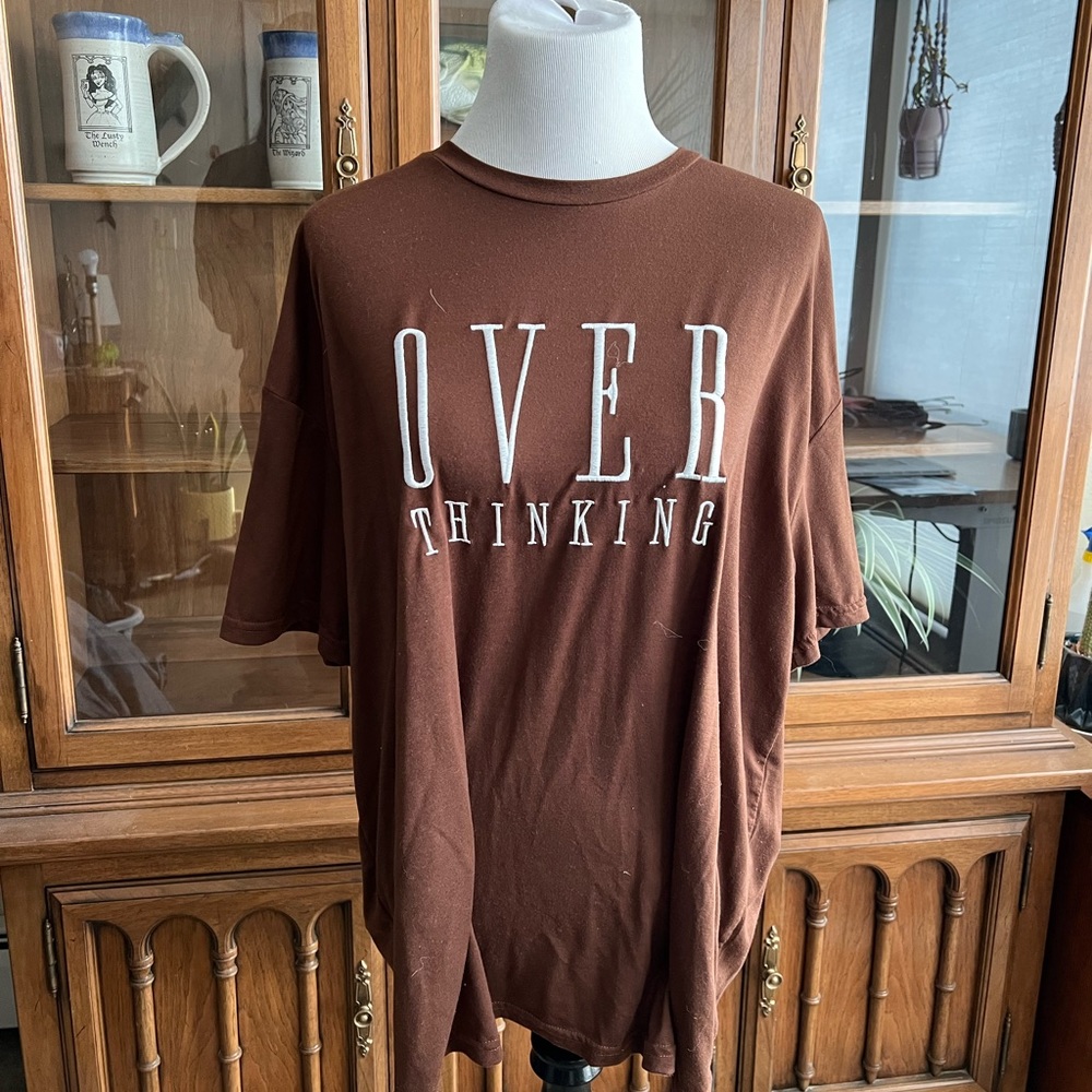 overthinking oversized brown embroidered tee